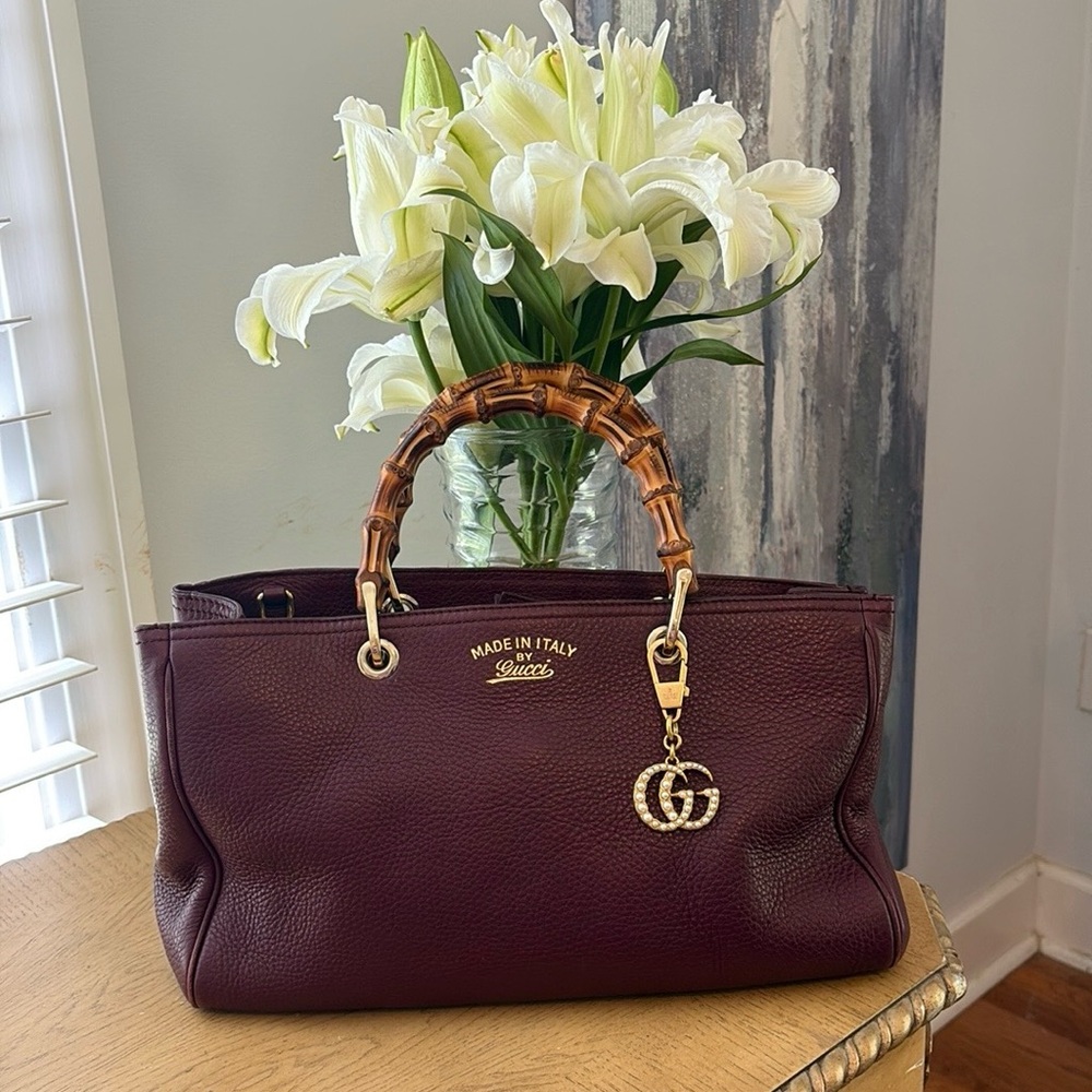 Gucci Burgundy Leather Satchel with Bamboo Handles & Gold GG Charm